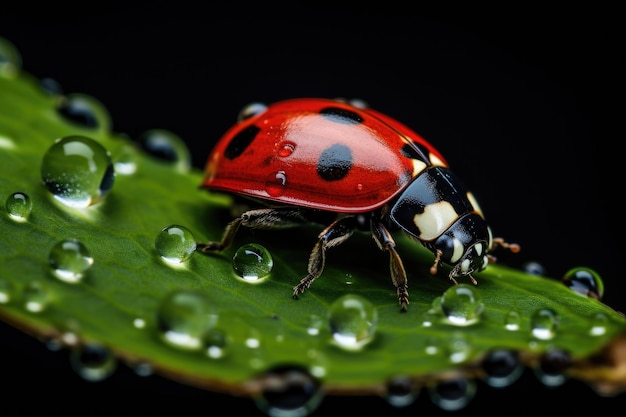 Beautiful ladybug on green leaf with dew or water drops Focus stacked macro shot