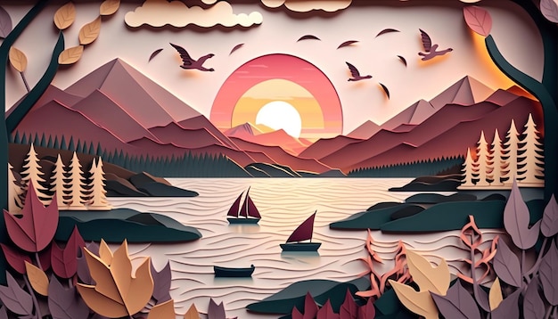 beautiful lake background in paper cut style Generative AI