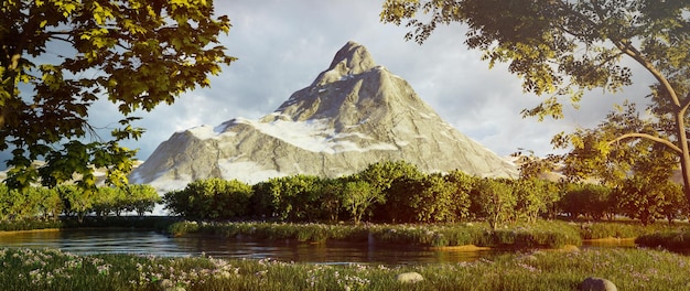 A beautiful lake in the forest on the background of a mountain 3D rendering illustration