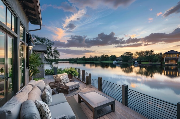 Beautiful lake front home with modern outdoor furniture on the deck overlooking calm waters of a ser