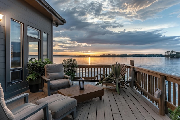 Beautiful lake front home with modern outdoor furniture on the deck overlooking calm waters of a ser