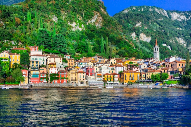 Beautiful lake Lago di Como - pictorial Varenna vilage  with colorful houses.