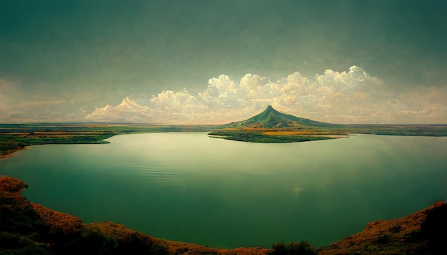 Beautiful lake mountain with dreamy cloudy sky