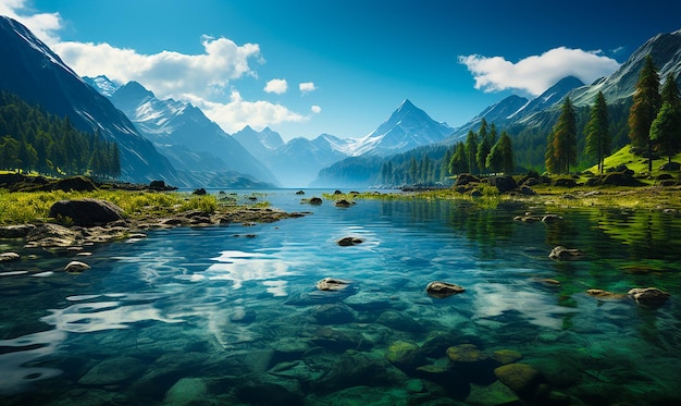 a beautiful lake in the mountains reflected in the sky