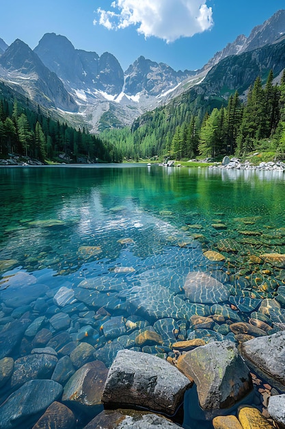 Beautiful lake in mountains with forest background in wide angle shot