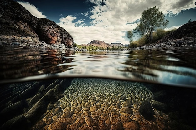 Beautiful lake river clean water view inside stones clear sky background landscape