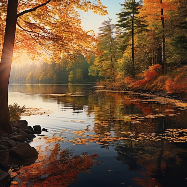 Beautiful lake surrounded by towering lush trees