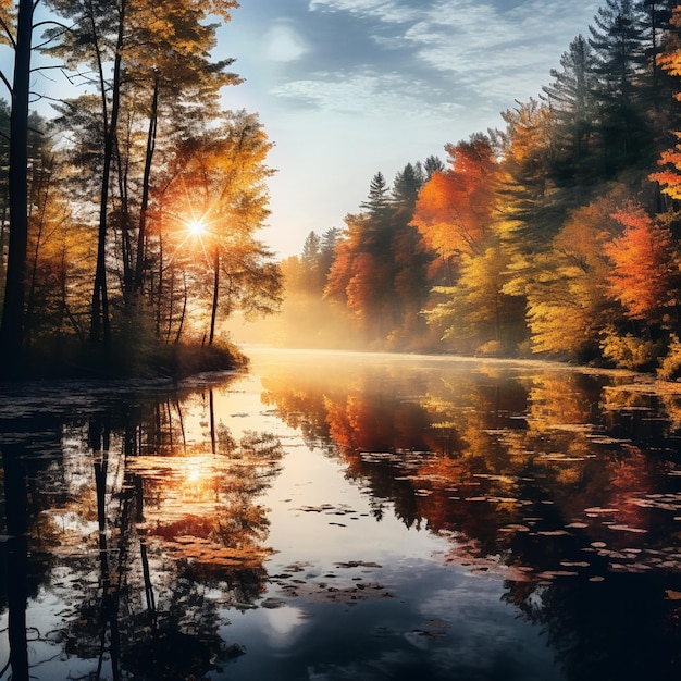 Beautiful lake surrounded by towering lush trees