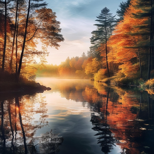 Beautiful lake surrounded by towering lush trees