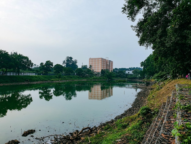 Beautiful lake view in the morning with shady trees against apartment building background