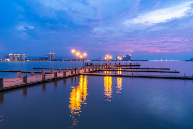 The beautiful lake wharf and the sky in Yixing, China