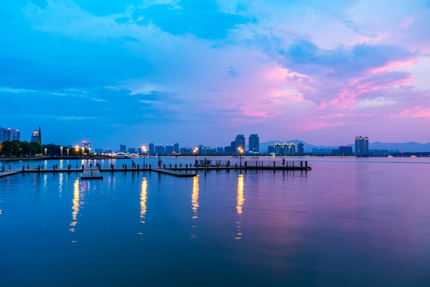 The beautiful lake wharf and the sky in Yixing, China