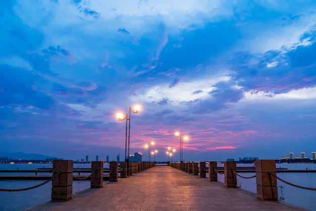 The beautiful lake wharf and the sky in Yixing, China