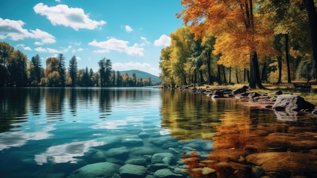 Beautiful lake with trees and blue sky