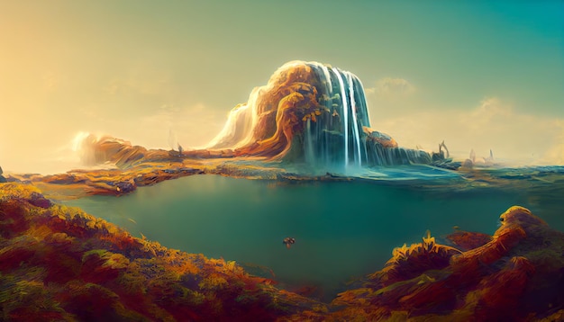 A beautiful lake with an unusual waterfall