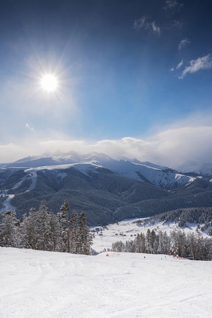 Beautiful landscape of the Arkhyz ski resort with mountains snow forest and track on a sunny winter day Caucasus Mountains Russia Vertical orientation