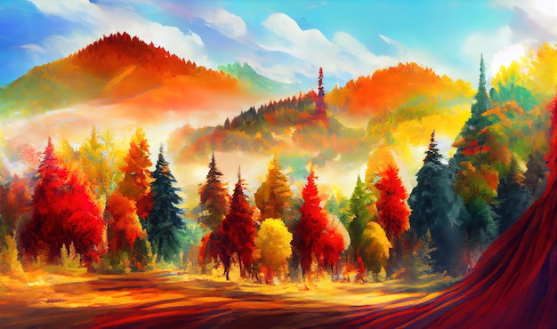 Beautiful landscape autumn forest during sunset orange leaves hand painted picture