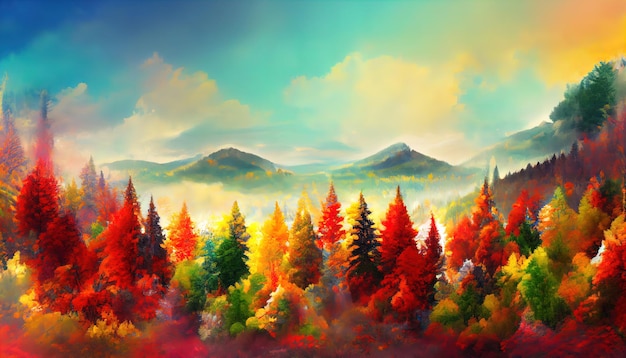 Beautiful landscape autumn forest during sunset orange leaves hand painted picture