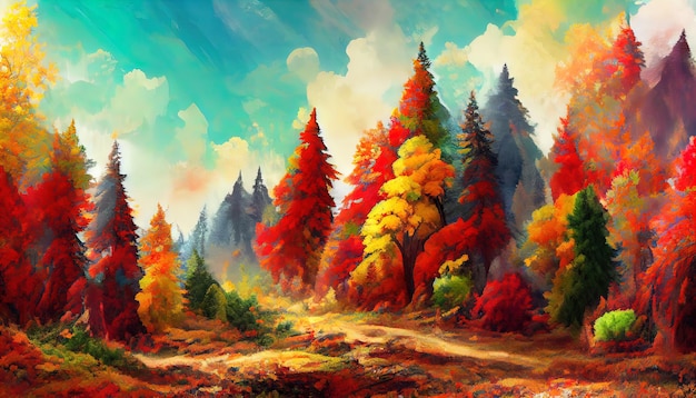 Beautiful landscape autumn forest during sunset orange leaves hand painted picture