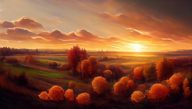 Beautiful landscape autumn forest at sunset orange leaves hand painted picture