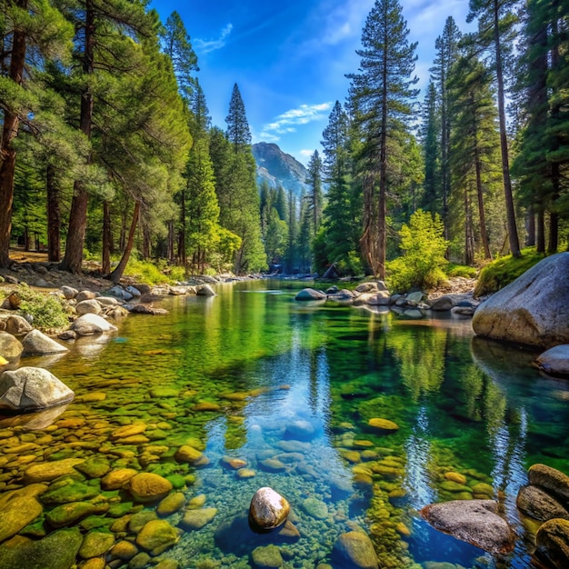 Beautiful landscape bed of a mountain river with reflection and a stream of clear water in the shade of trees in a California forest