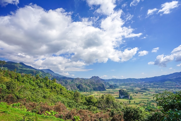 Beautiful landscape big cloud on the open sky and foresty mountain below., Phayao Province, winter of Thailand.