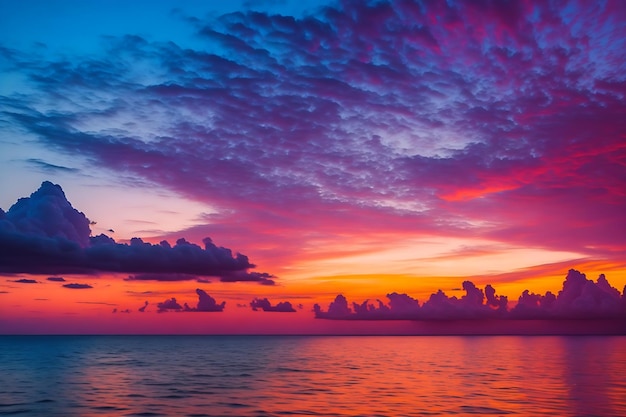 Beautiful landscape of calm sea Tropical sea at dusk Dramatic colorful sunset sky and cloud