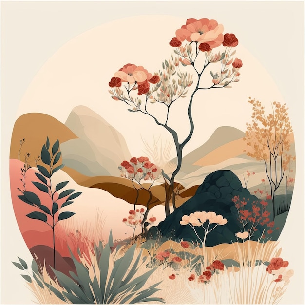 Beautiful landscape in calm shades in a flat style Generative AI