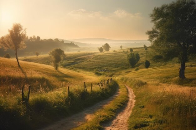 Beautiful landscape countryside with green meadow on the hill Created with Generative AI technology