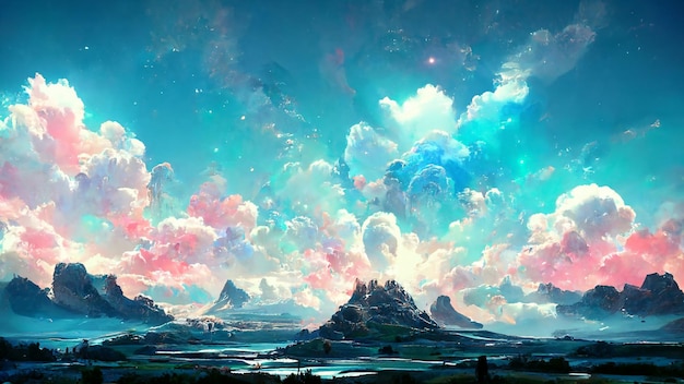 Beautiful landscape of fantasy mountain and pastel sky background digital illustration art fantasy scene concept