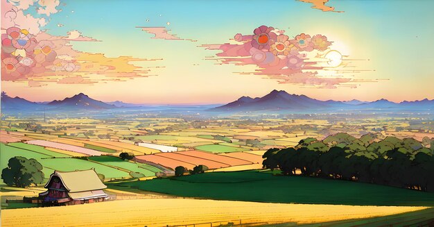 Beautiful landscape of farm fields Cultivation of crops production of food and raw materials Generative ai for canvas wall art wall painting