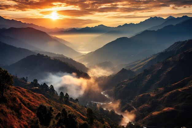 beautiful landscape fog sunset or sunrise in the mountains with river aerial view