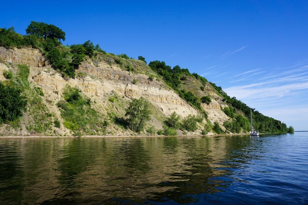 Beautiful landscape from the river to the sandy rocky shore