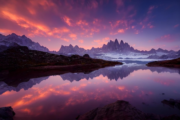 beautiful landscape of glacial mountains lakes, forests and flowers with rocks