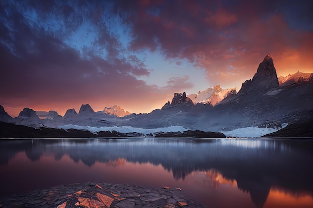 beautiful landscape of glacial mountains lakes, forests and flowers with rocks