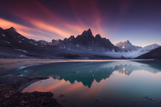 beautiful landscape of glacial mountains lakes, forests and flowers with rocks