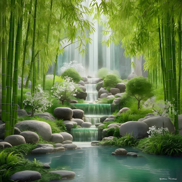 Beautiful landscape of green forest with flowing river and blue sky background