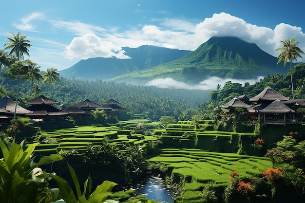 Beautiful Landscape of Green Rice Fields in Bali with Huts and Nature View on Bright Day