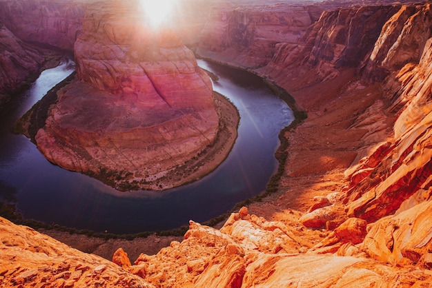 Beautiful landscape of horseshoe bend with sunrise and reflecting surface of colorado river near pag