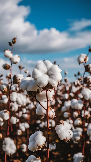 A beautiful landscape image of a cotton field with white fluffy cotton bolls and blue sky with clou