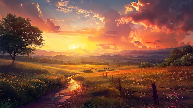 A beautiful landscape image of a rural field at sunset The warm colors of the sky and the green of the grass create a peaceful and relaxing scene