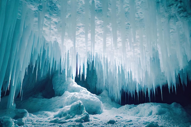 A beautiful landscape inside a large ice cave under an Icelandic glacier with stalactite and stalagmites