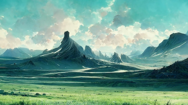 Beautiful landscape of mountain and green field background digital illustration art fantasy concept