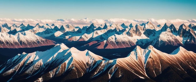 Beautiful landscape of a mountain range at dawn The mountain peaks are covered with snow