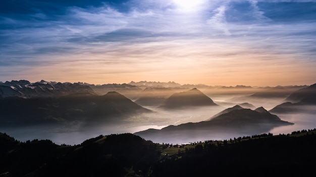 Beautiful landscape nature sunset include mountain lake against sky of Luzern Switzerland