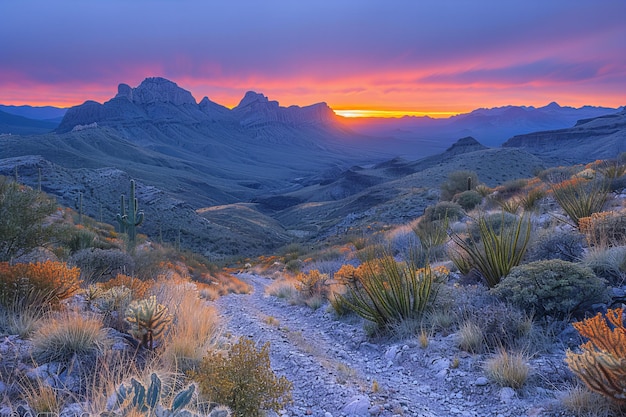 A beautiful landscape photograph of the saguaro mountains in arizona at sunset with cacti and shrub