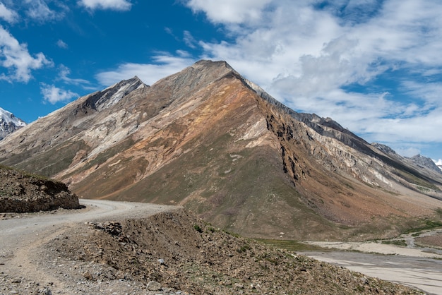 Beautiful landscape in Rangdum with ancient white Buddhist stupa 