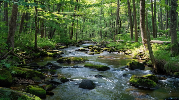 The beautiful landscape of a river flowing through a lush green forest The water is crystal clear