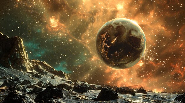 A beautiful landscape of a rocky moon with a glowing planet in the sky