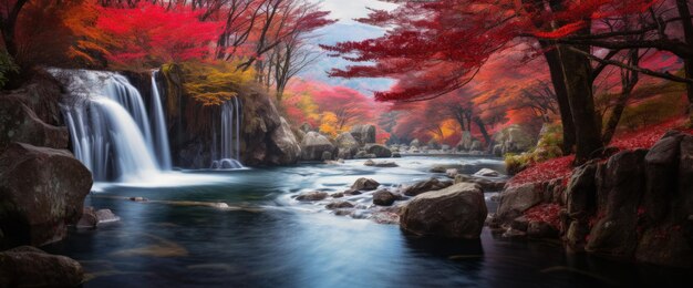 Beautiful landscape of sakura tree with waterfall on the river Generate AI image